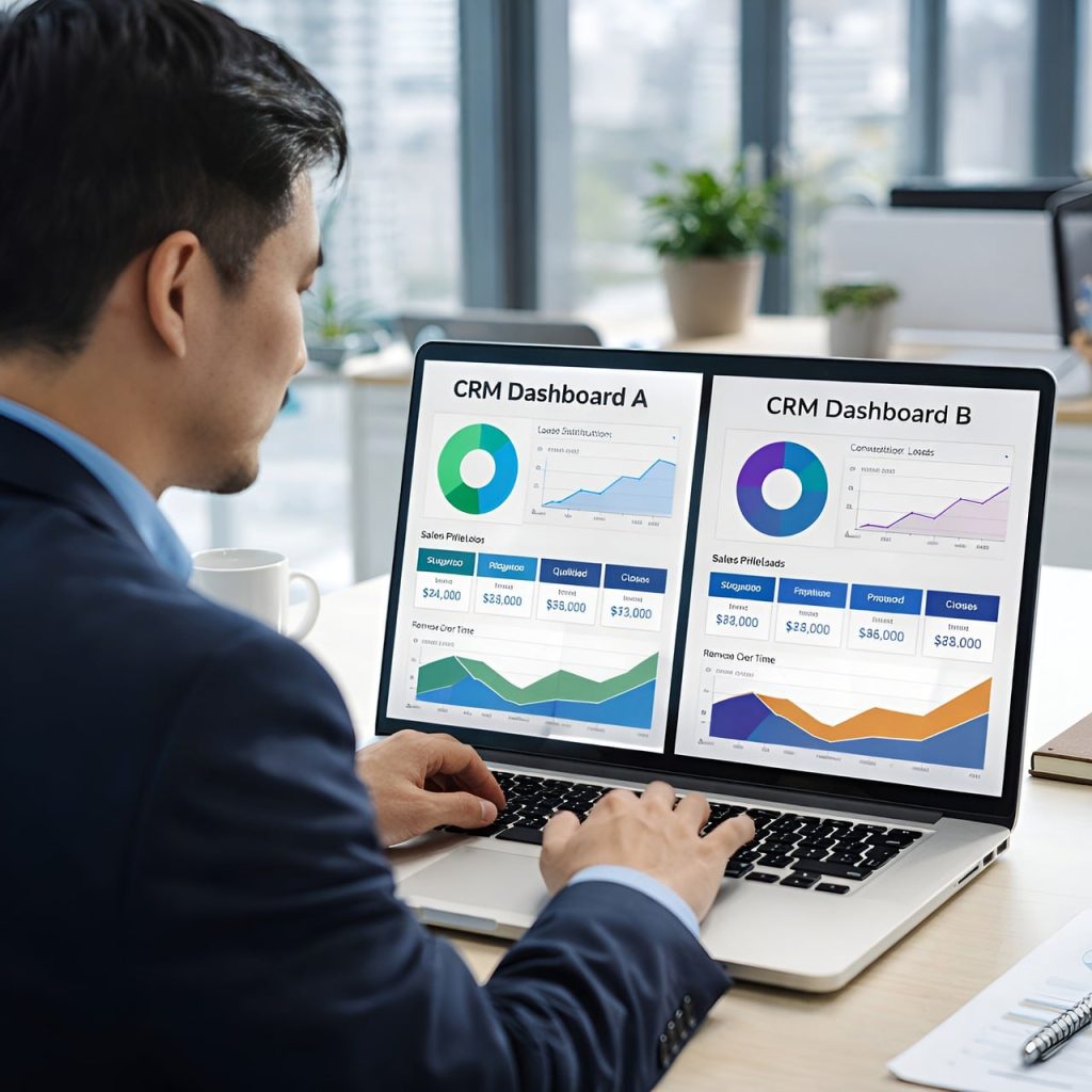 Small business owner managing customers with CRM software dashboard